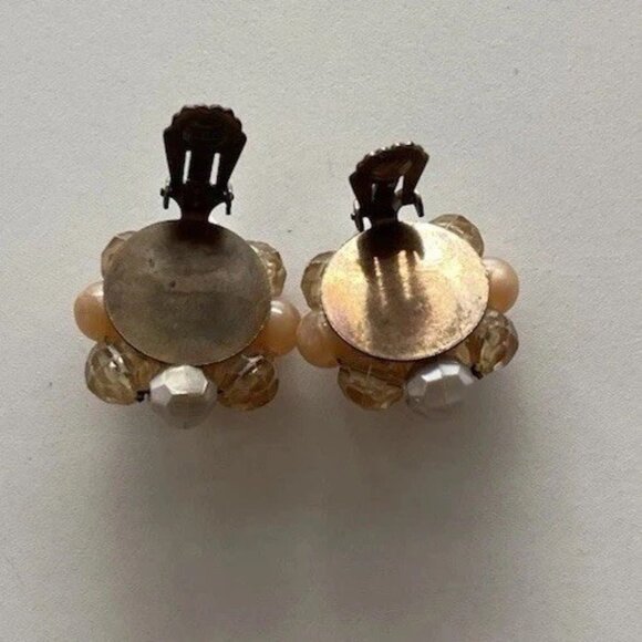 Vintage 1950s Faux Pearl Sea Cream Orange Crystal Cluster Clip on Earrings - Picture 11 of 12